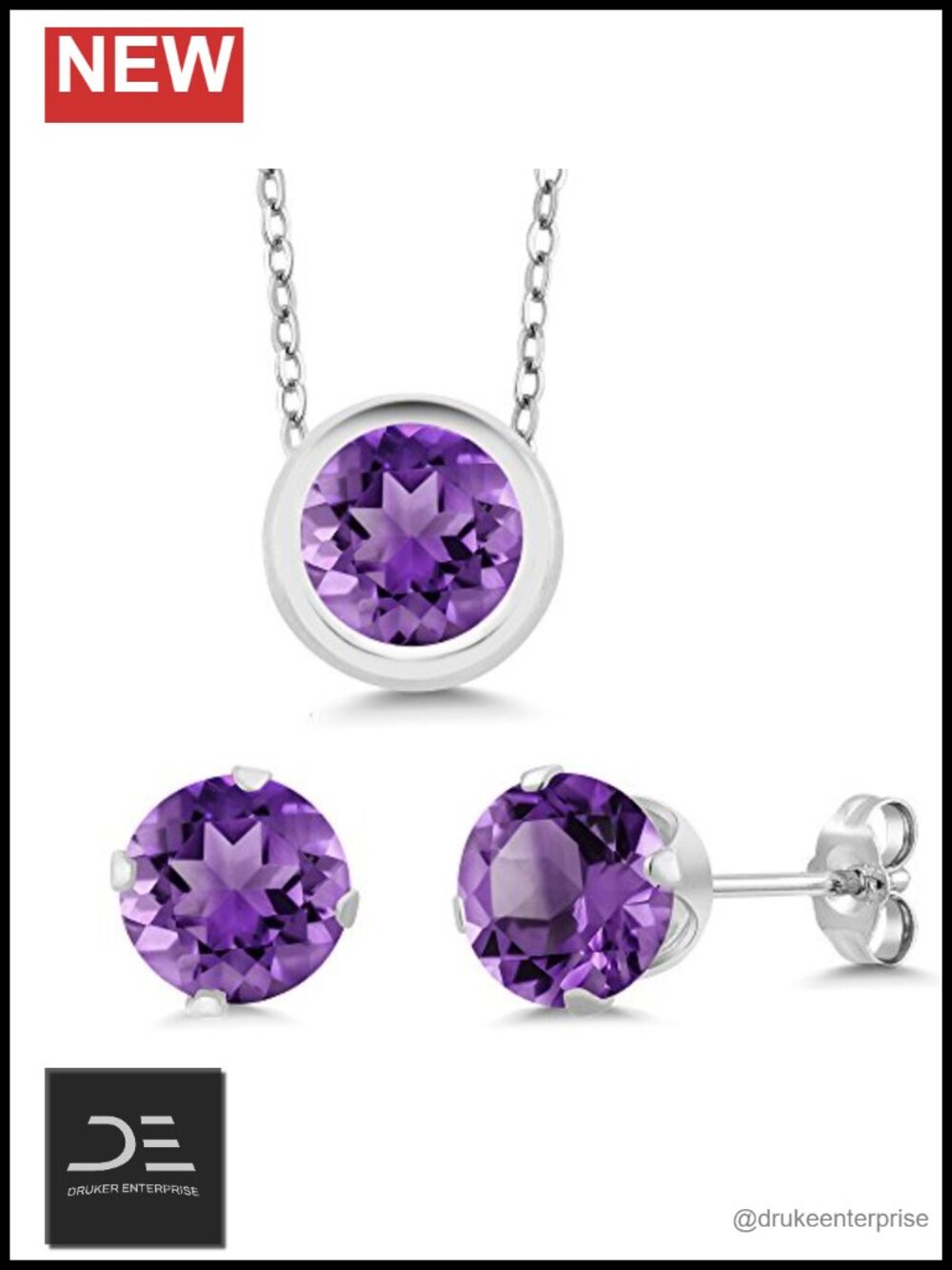 Sterling Silver Birthstone Jewelry Set Pendant Necklace & Stud Earrings 18 Inch